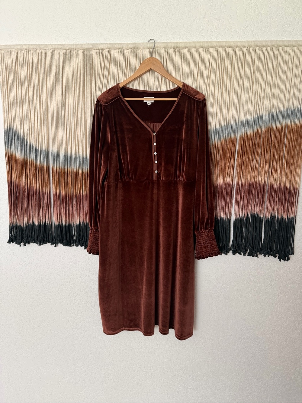 Velvet Long Sleeve Midi Dress - Brown